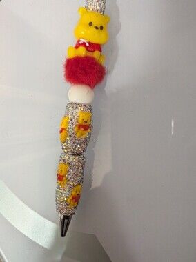 Winnie The Pooh Character Beaded Pen with Red Pom Accent,Sparkly Fun! Handmadw